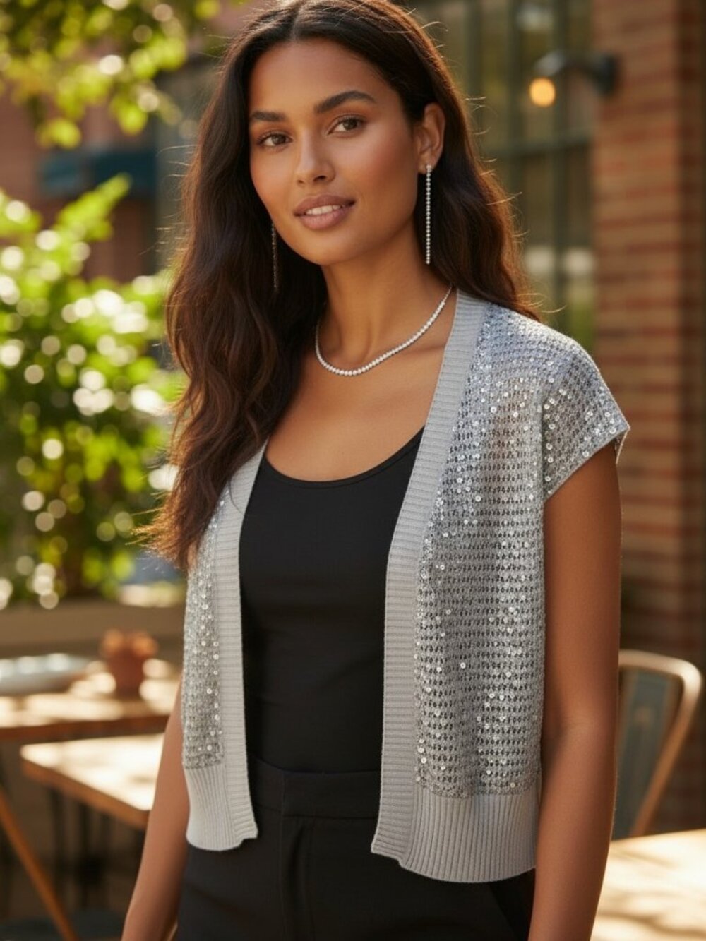 VINTAGE NECESSARY OBJECTS Silk Sequin Vest L Silver Metallic Crop Cardigan Y2K